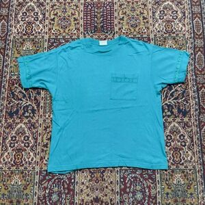 VTG 80s Chesterfield Lace Trim Pocket T-Shirt Teal Blue Made in USA Mens Large